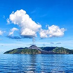 Barren Island volcanic scenery surrounded by blue ocean in the Andaman Islands