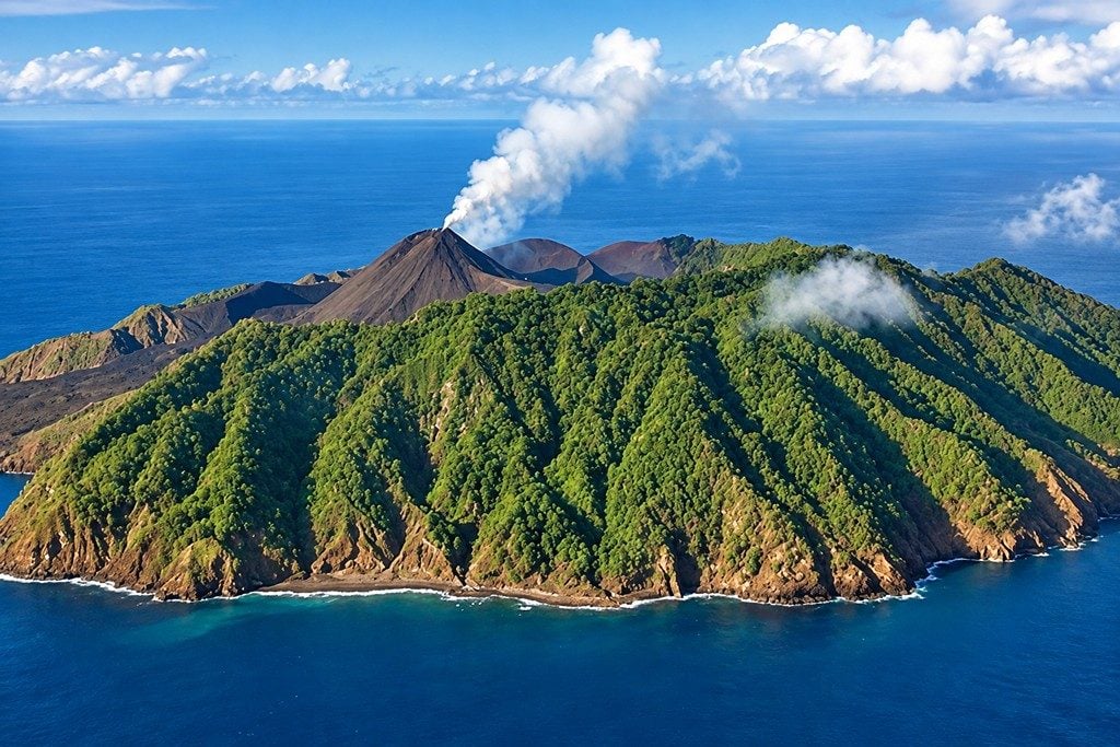 Volcanic landscape of Barren Island rising from the Andaman Sea