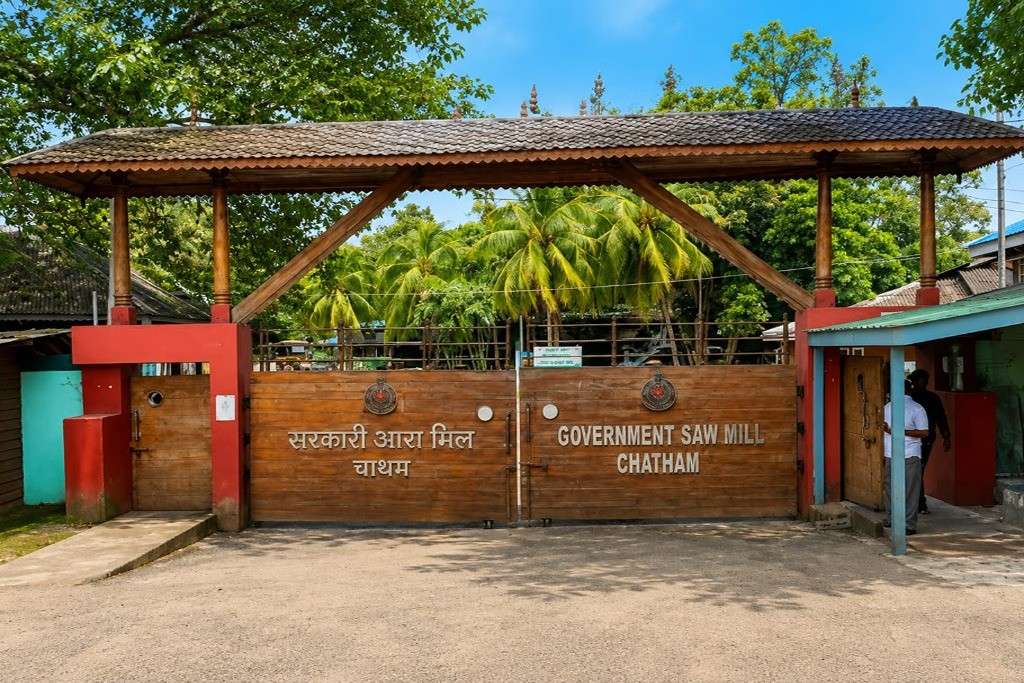 Chatham Saw Mill in Port Blair showing the historic timber mill and tropical surroundings