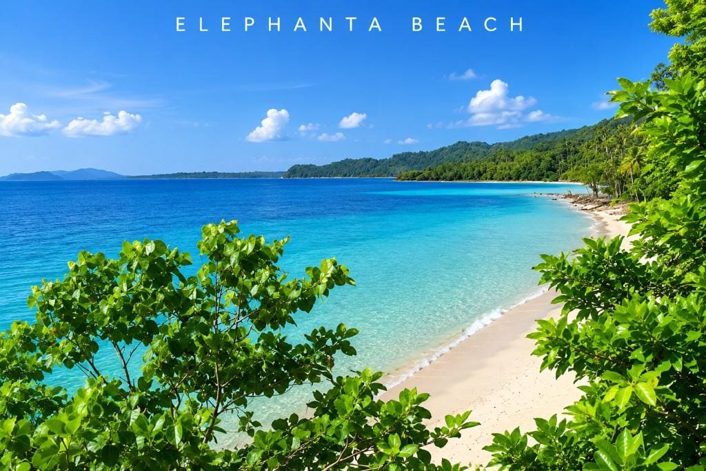 Elephanta Beach on Havelock Island, Andaman, with clear turquoise water, tropical scenery, coral reefs, and water activities.