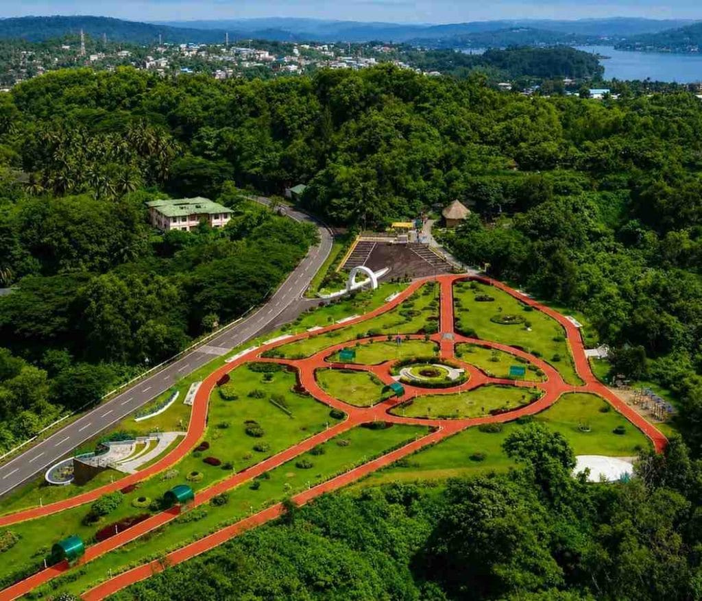 Aerial view of Joggers Park with walking paths and lush greenery in Andaman Islands.