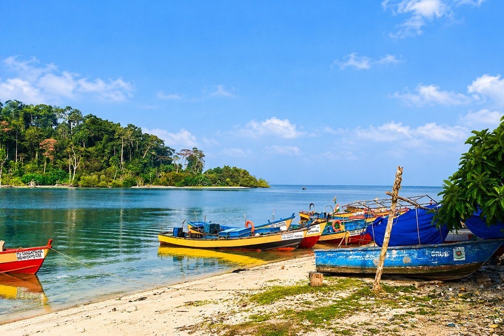 Jolly Buoy Island with clear blue water and coral reef surroundings in Andaman