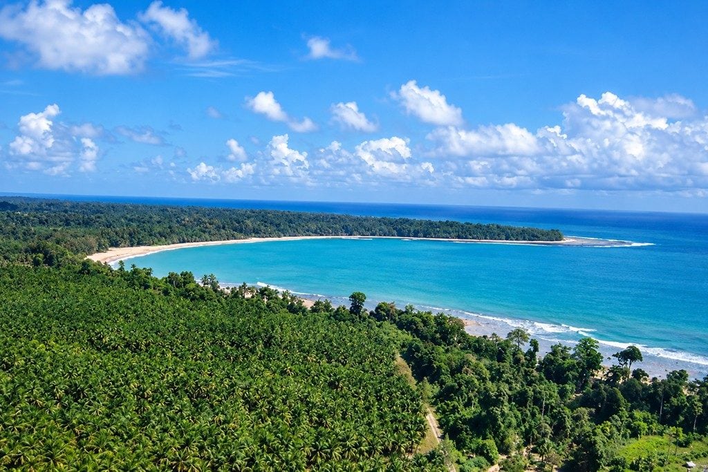 Pristine coastal landscape of the Nicobar Islands with tropical vegetation and sea views