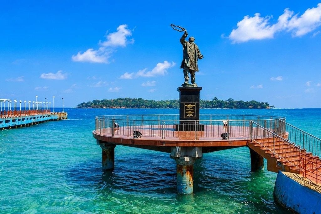 Waterfront view of Rajiv Gandhi Water Sports Complex in Port Blair with boats and coastal surroundings
