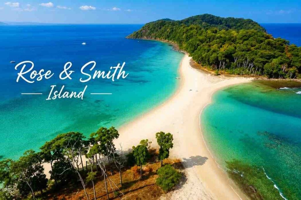 Aerial view of Ross & Smith Twin Islands connected by a natural white sandbar in Diglipur, Andaman and Nicobar Islands.