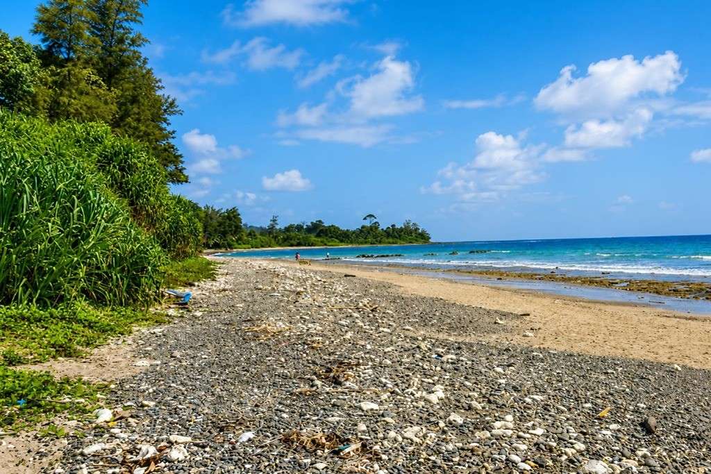 Amkunj Beach at Nimbutala near Rangat surrounded by the natural coastal landscape of Middle Andaman