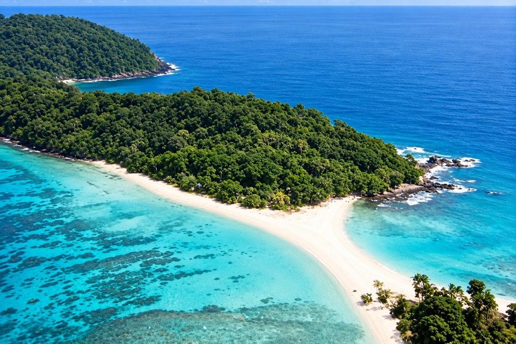Pristine beach landscape of Cinque Island surrounded by clear sea and tropical vegetation
