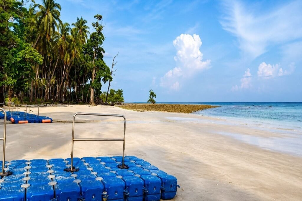 Lalaji Bay Beach showing pristine coastal scenery on Long Island, Andaman