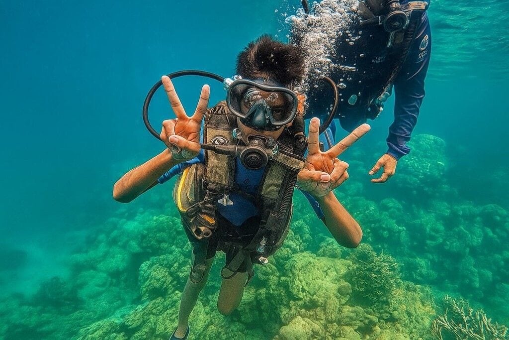 Scuba Diving in Andaman with colorful coral reefs, tropical fish, and underwater marine life.