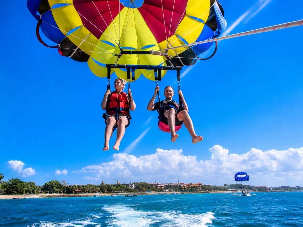 Parasailing in Andaman over clear blue waters with panoramic views of the tropical coastline and islands.