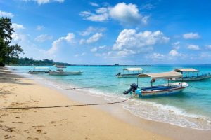 Bharatpur Beach on Neil Island with its scenic tropical shoreline during a 5 Nights 6 Days Andaman honeymoon trip