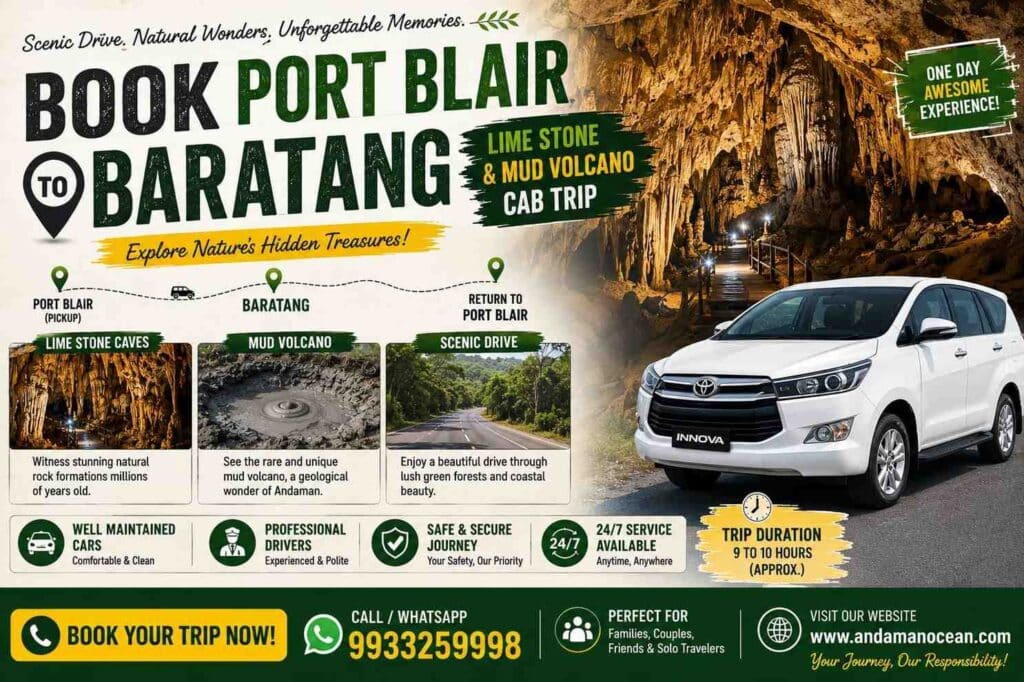 White car on scenic drive through limestone caves and mud volcanoes in Port Blair to Baratang trip.