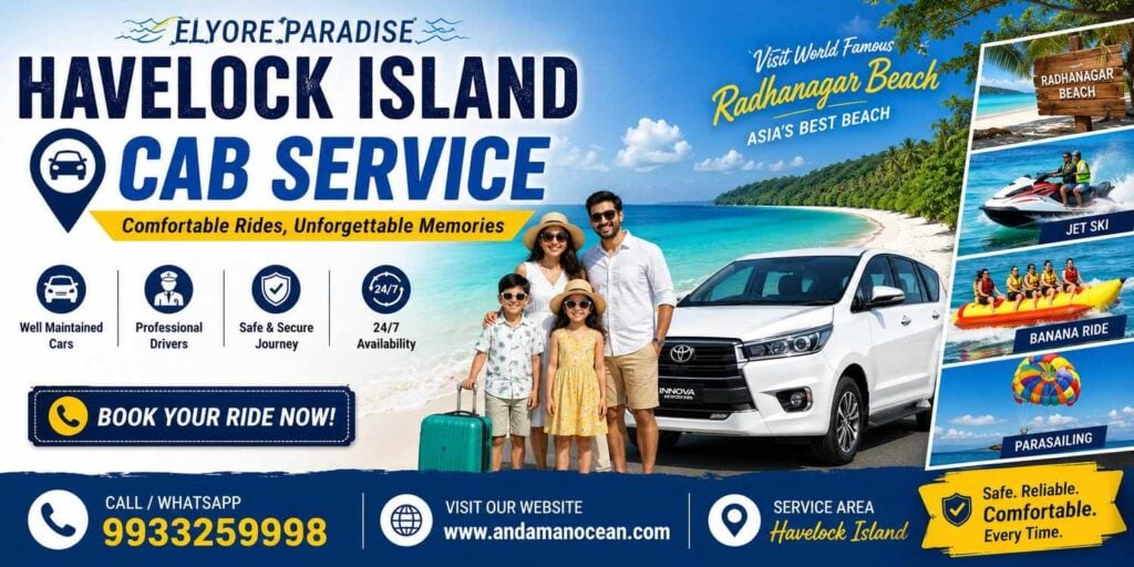 Relaxing family enjoying cab service on Havelock Island with a scenic beach background.