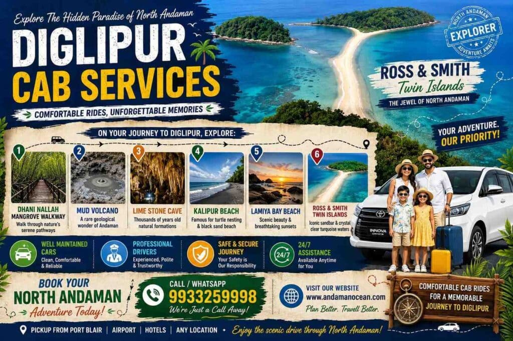 Comfortable Port Blair to Diglipur cab service travelling through the scenic landscapes of the Andaman Islands.