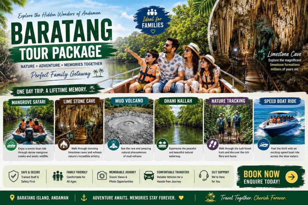 Tourists exploring Baratang Island's Limestone Caves, mangrove creeks, and Mud Volcano during an Andaman tour.