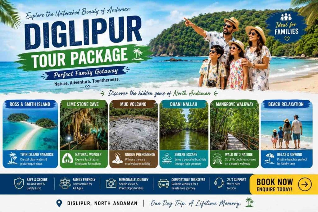 Group of tourists enjoying Diglipur beach with lush green hills in the background.