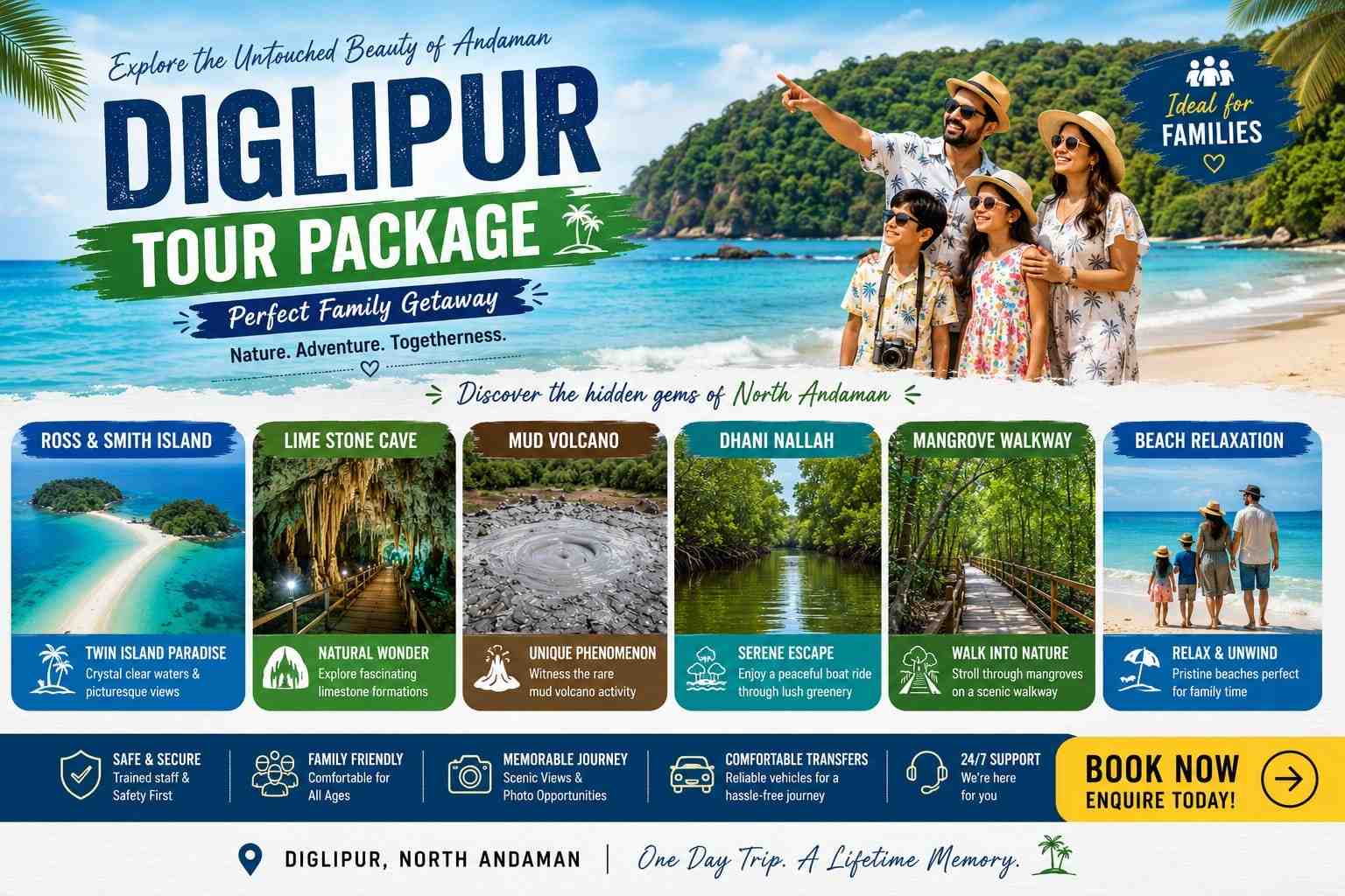 Group of tourists enjoying Diglipur beach with lush green hills in the background.