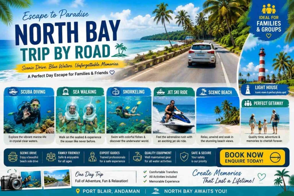 Tourists enjoying the North Bay Island Tour by Road with water sports and panoramic coastal views in Andaman.