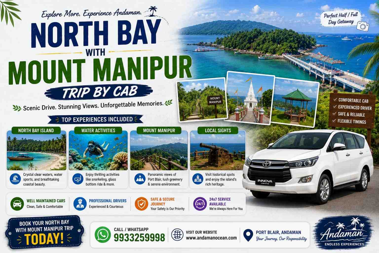 Tourists exploring North Bay and Mount Manipur National Memorial with scenic coastal views in the Andaman Islands.
