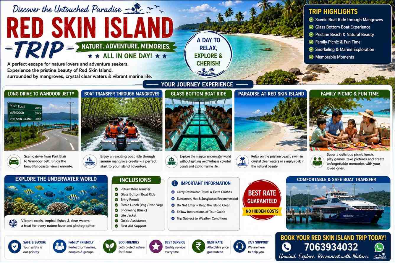 Colorful boat at Red Skin Island with clear blue waters and lush greenery.