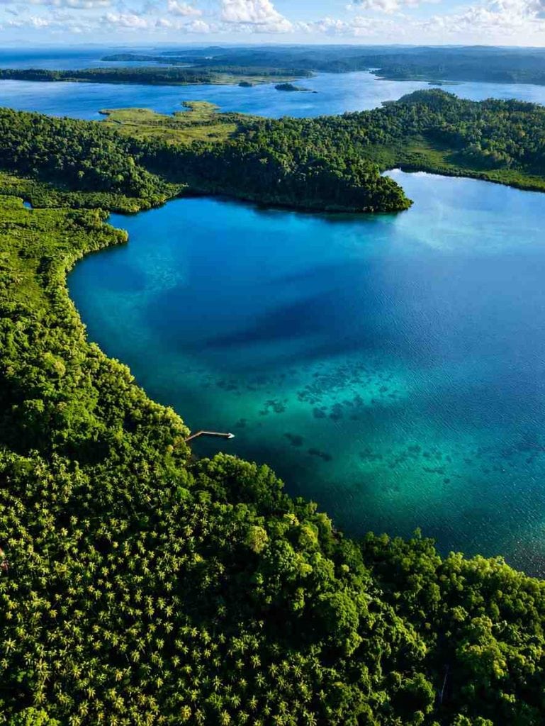 Aerial view of Red Skin Island with lush green forests and clear blue waters.