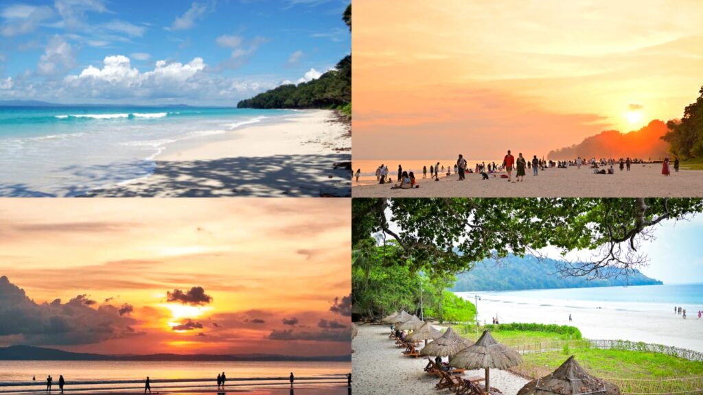 A serene beach with clear blue waters and white sand under a bright sky.