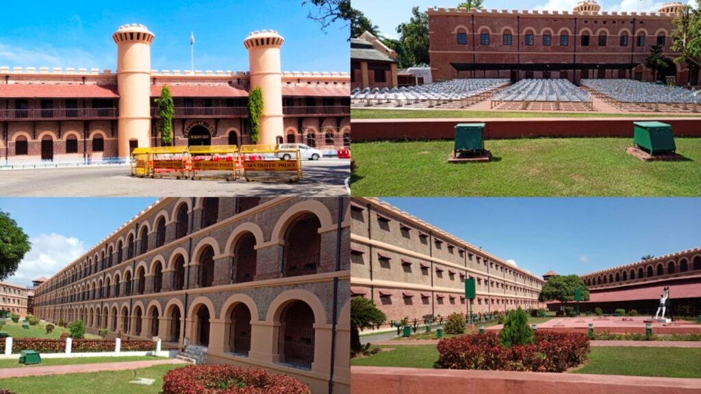 Elegant historic fort in Andaman with red brick architecture and lush green surroundings.