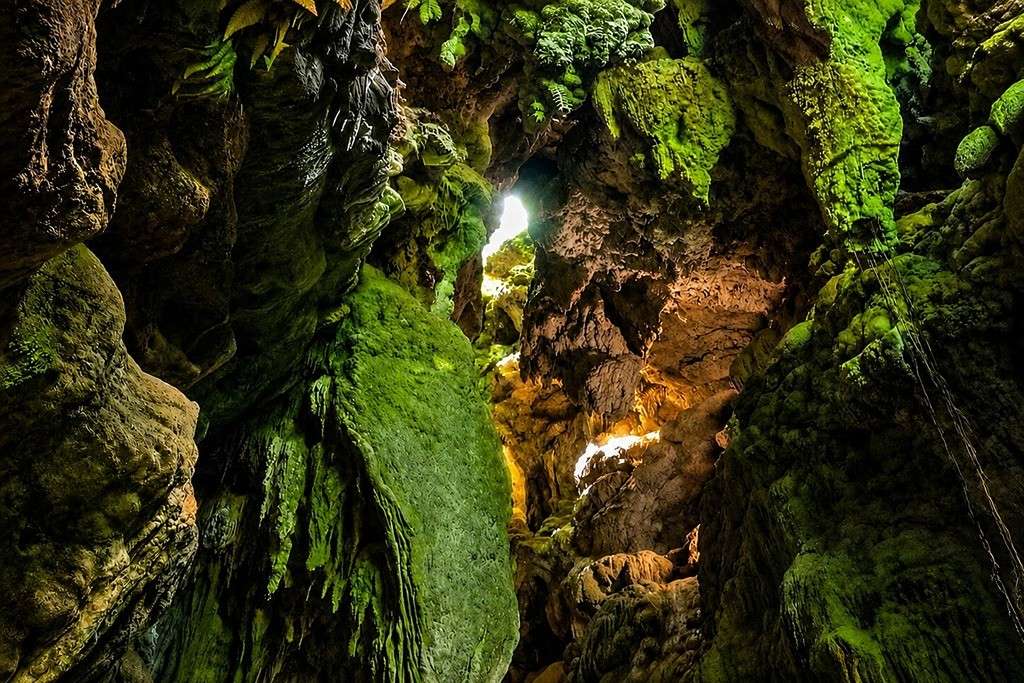 Limestone cave with moss and sunlight filtering through openings.