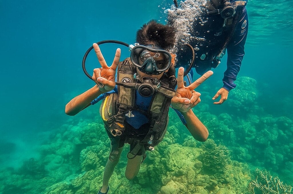 Person scuba diving in Havelock with clear waters and coral reef.
