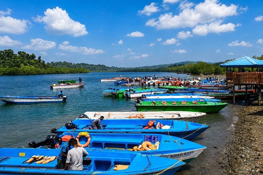 Boats and tourists at the Andaman Ocean Tours & Travels dock.
