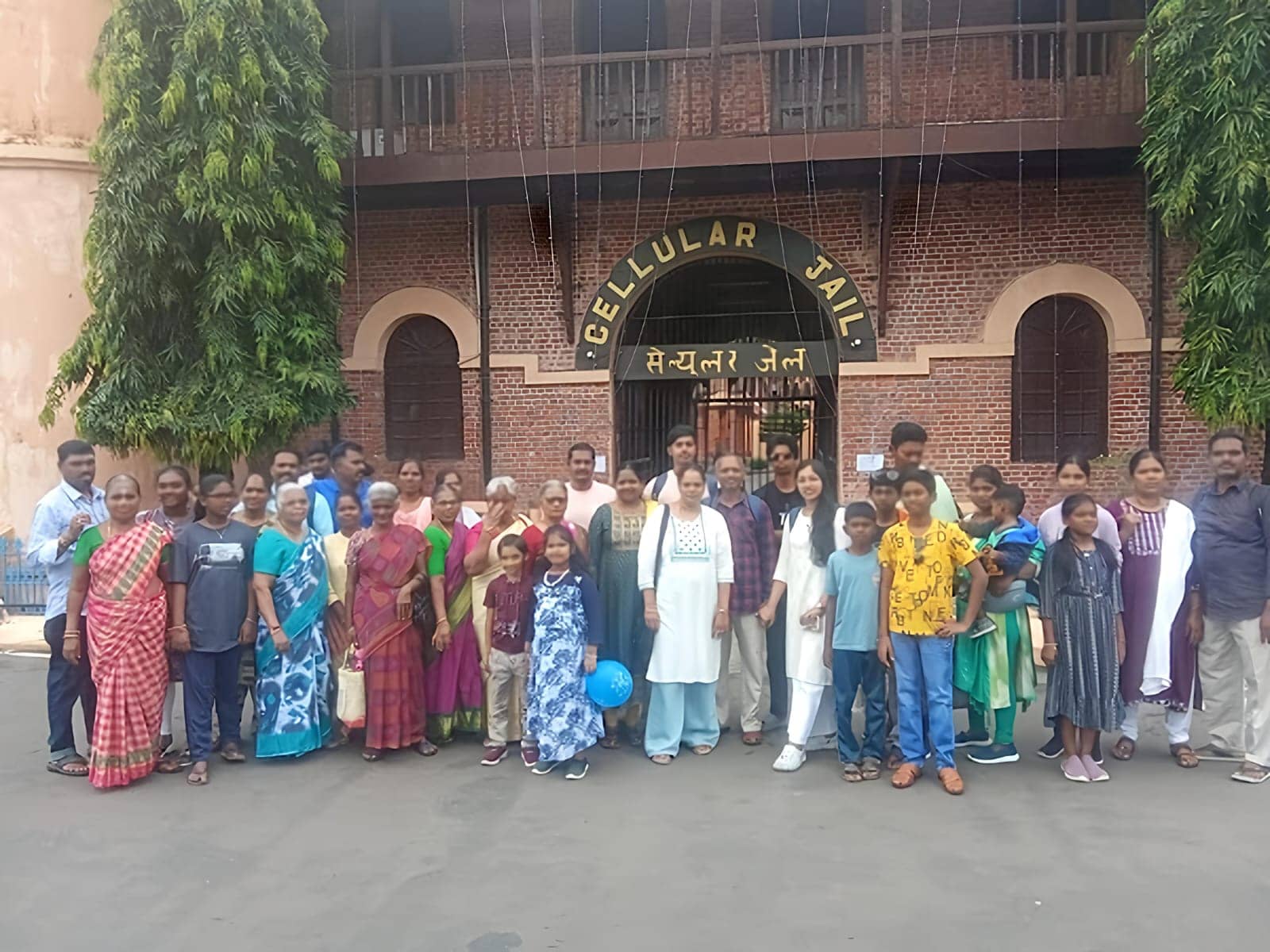 Group of people outside Cellular Jail in Andaman Islands, India.