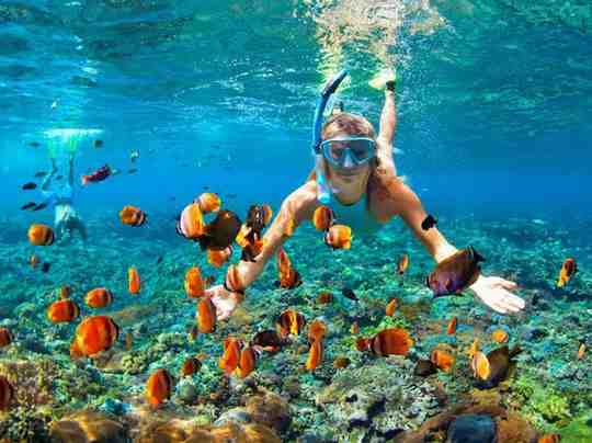 Woman snorkeling among colorful coral and fish in Andaman Sea.