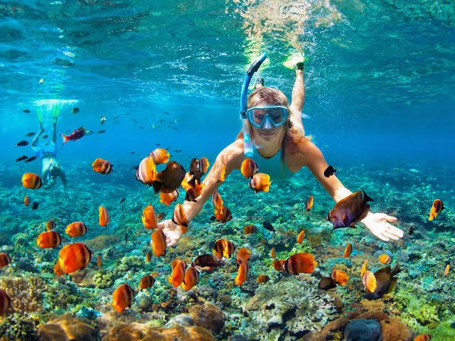 Woman snorkeling among colorful fish in Andaman Sea.