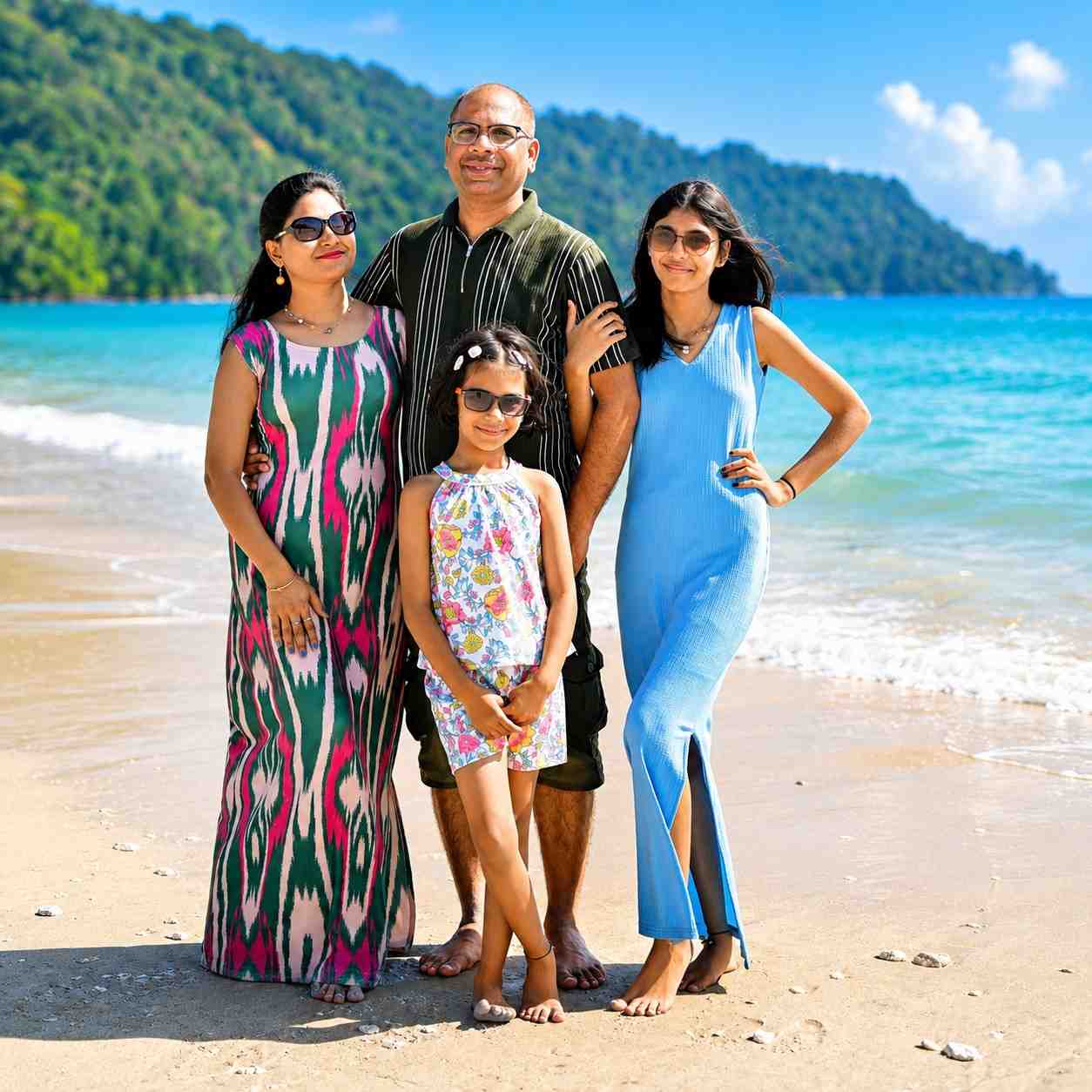Happy family from Bangalore enjoying a relaxing beach vacation at Radhanagar Beach in the Andaman Islands with Andaman Ocean Tours & Travels.