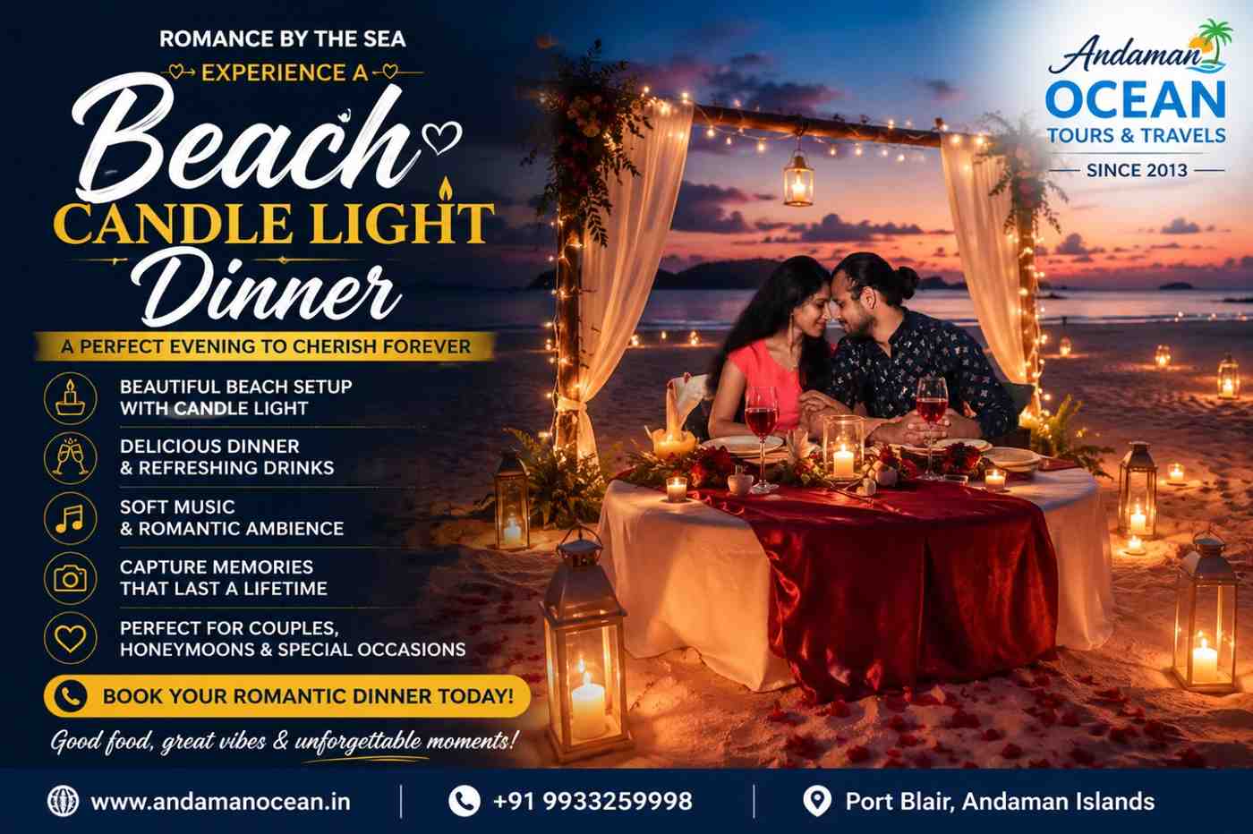Romantic beach candle light dinner setup for honeymoon couples in the Andaman Islands during their honeymoon vacation.