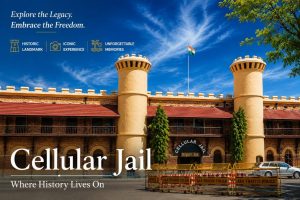 Historic Cellular Jail in Andaman with blue sky and Indian flag.