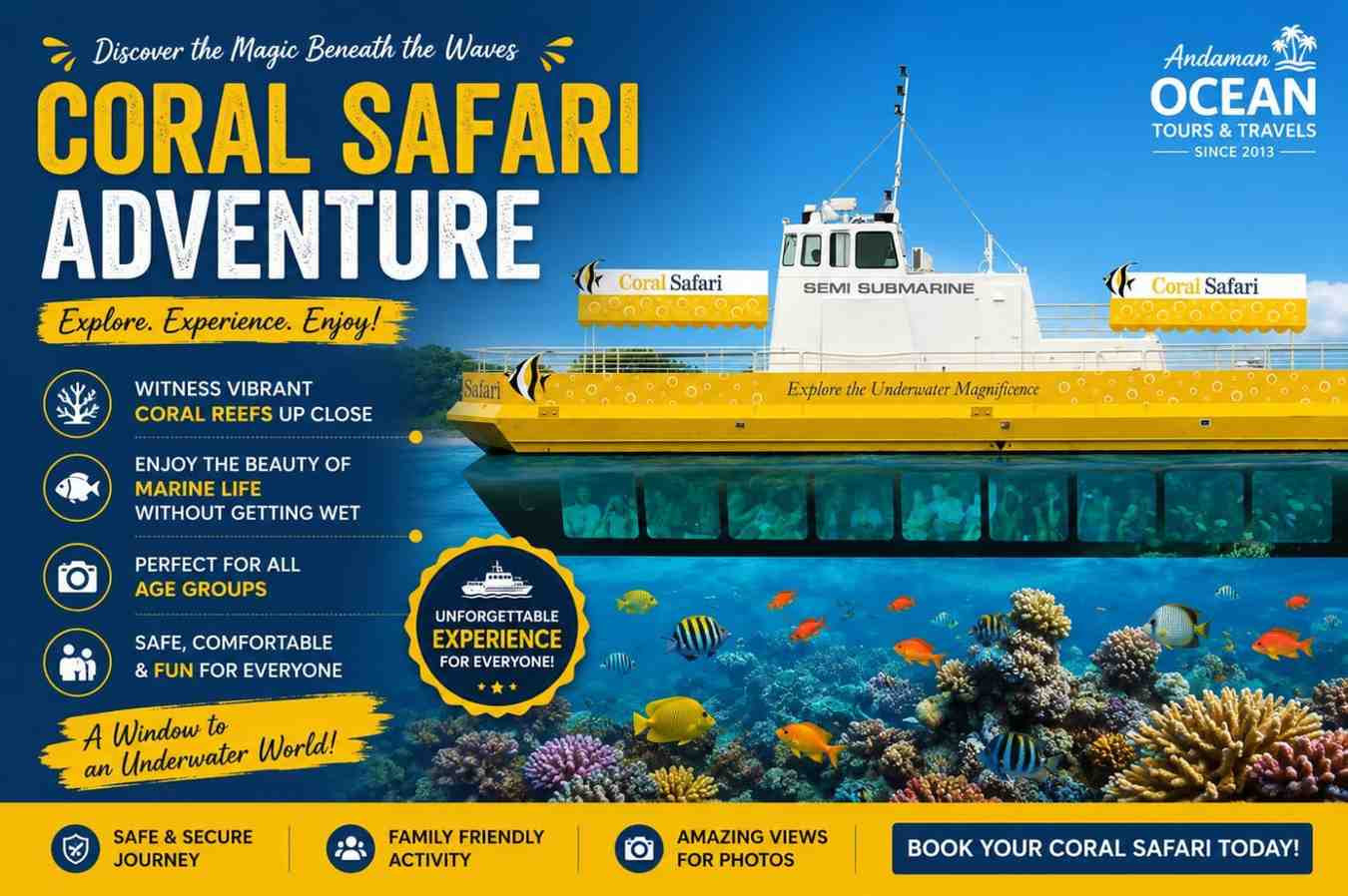 Guests enjoying the Coral Safari semi-submarine ride in the Andaman Islands, one of the best family-friendly activities during an Andaman tour from Chennai.