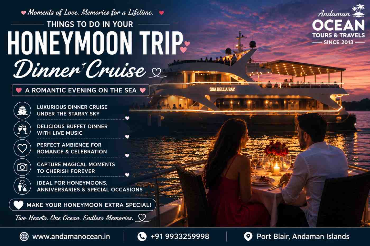Honeymoon couple enjoying a romantic dinner cruise with live music, delicious cuisine, and beautiful sea views in the Andaman Islands.