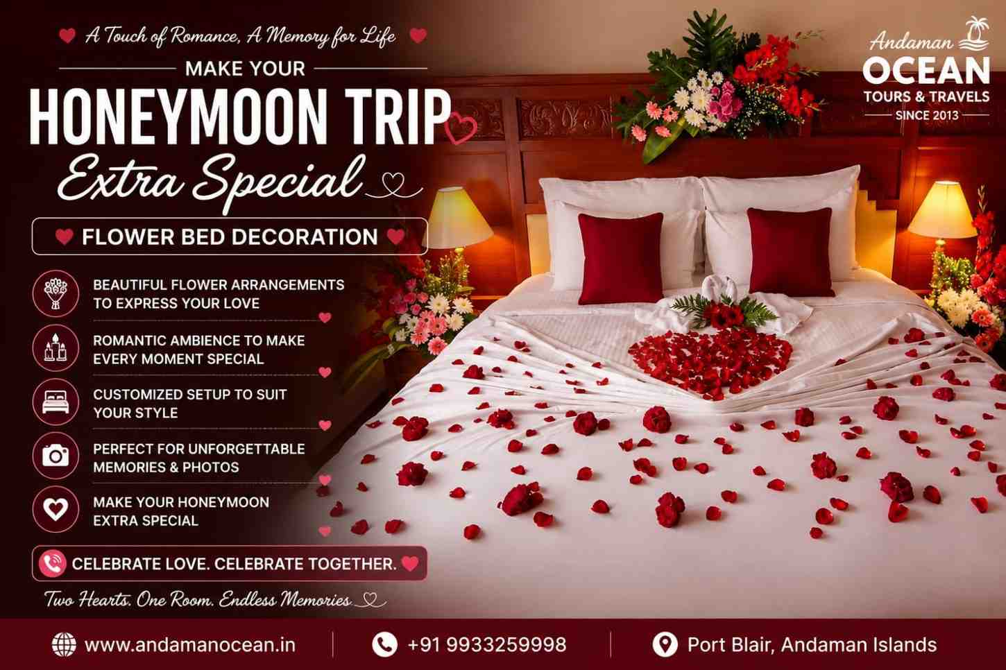 Beautiful flower bed decoration for honeymoon couples in an Andaman hotel room during their romantic honeymoon vacation.