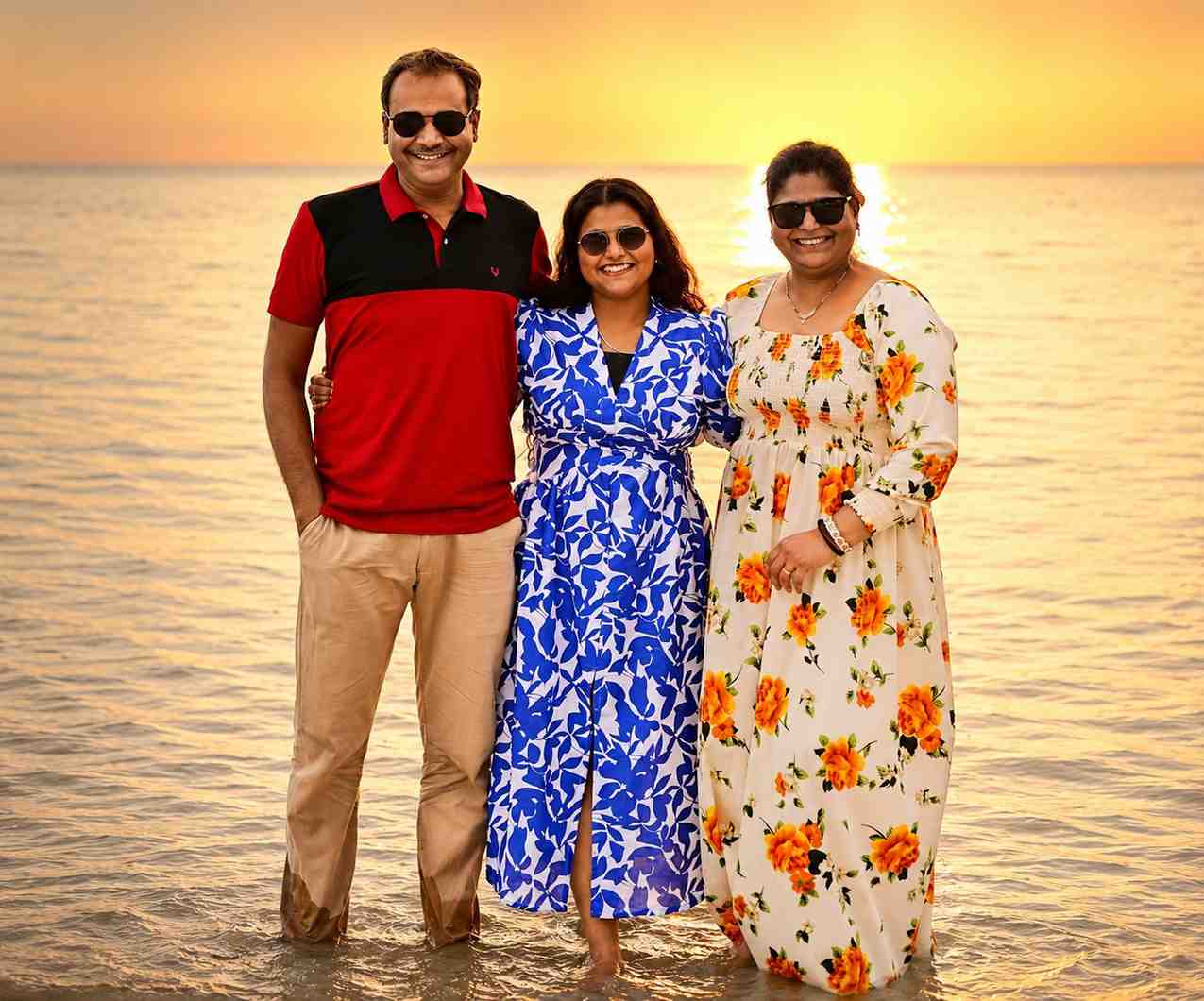 Happy friends from Bangalore enjoying a beautiful sunset on the beach during their Andaman vacation with Andaman Ocean Tours & Travels.