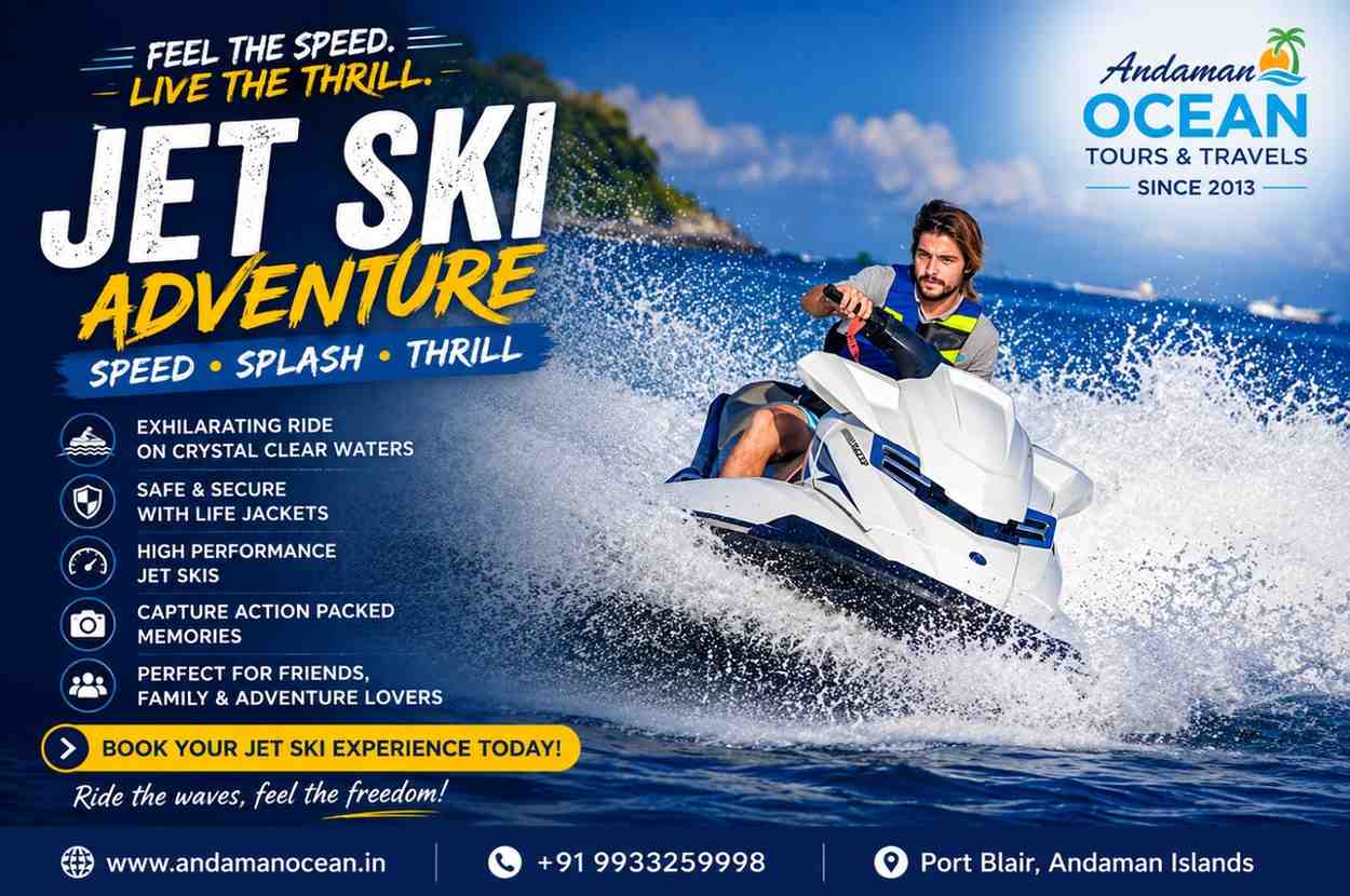 Guests enjoying a Jet Ski ride in the Andaman Islands, one of the best water sports activities during an Andaman family tour from Chennai.