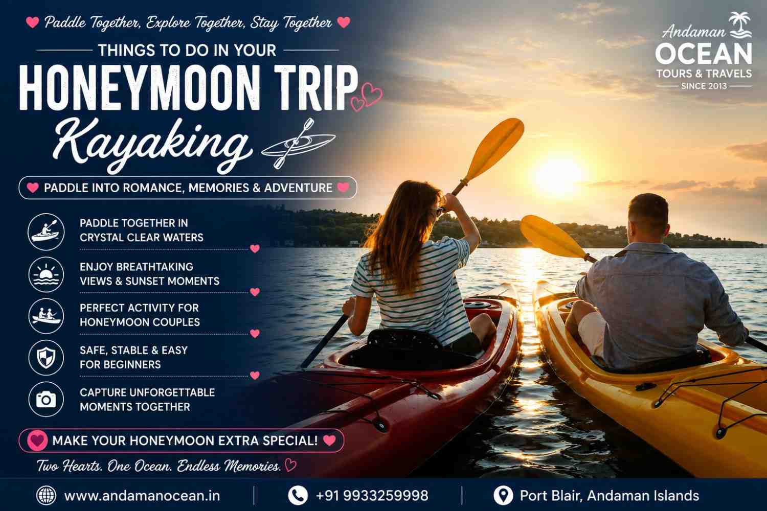 Honeymoon couple enjoying a peaceful kayaking experience through the scenic mangrove forests and calm backwaters of the Andaman Islands.
