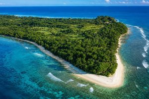 Aerial view of lush green island surrounded by blue ocean waters.