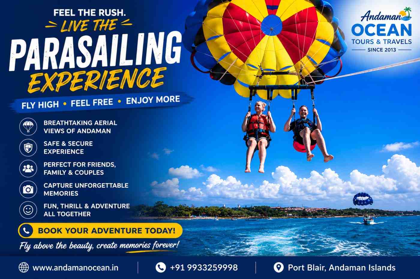Guests enjoying parasailing in the Andaman Islands, an optional adventure activity available during the Andaman family tour from Chennai.