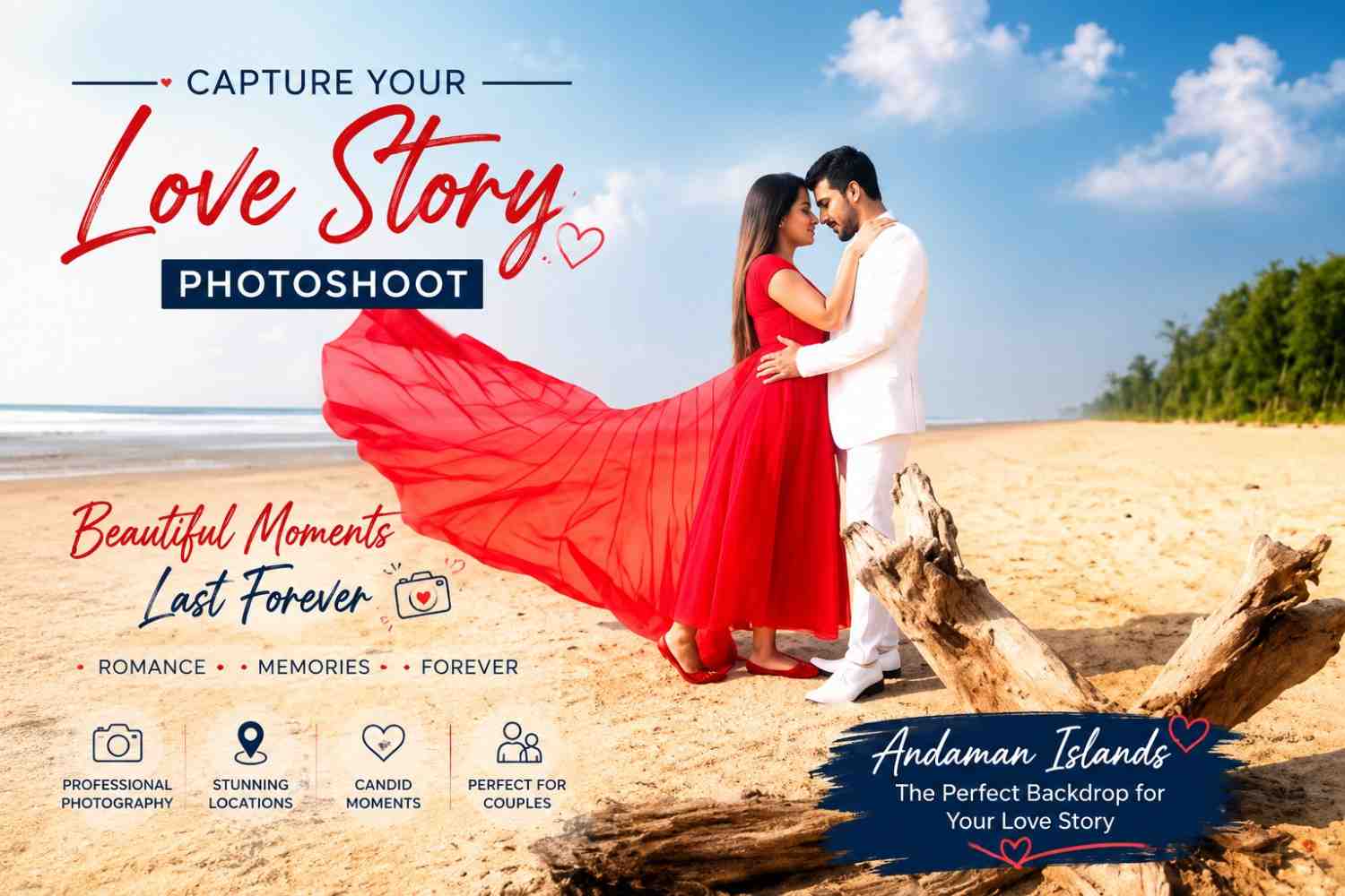 Newly married honeymoon couple enjoying a romantic beach photoshoot in the Andaman Islands, capturing beautiful memories during their Andaman honeymoon trip.