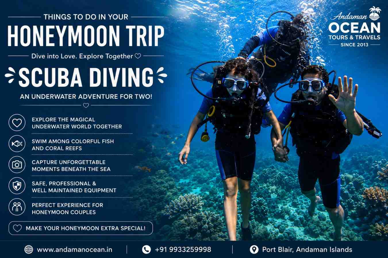 Honeymoon couple enjoying scuba diving in the Andaman Islands, one of the most romantic underwater experiences during their honeymoon.