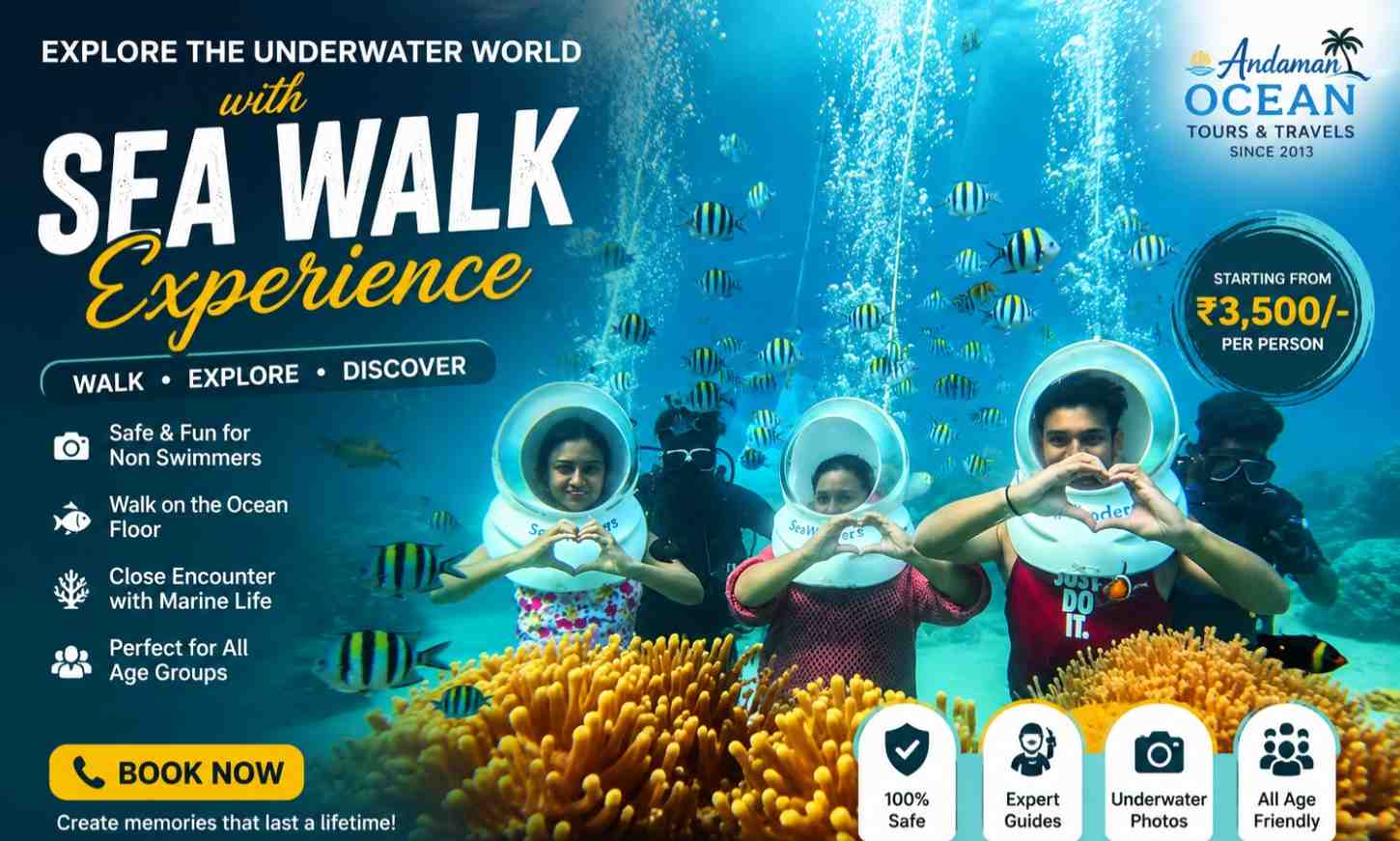 Guests enjoying Sea Walk in the Andaman Islands, one of the best underwater activities during an Andaman family tour from Chennai.