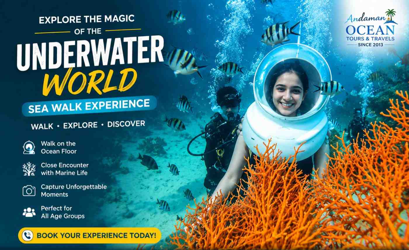 Honeymoon couple enjoying sea walking in the Andaman Islands while exploring colorful coral reefs and exotic marine life.