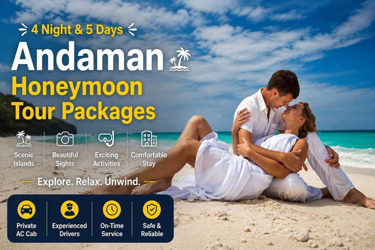 Couple enjoying romantic moment on Andaman beach with honeymoon tour package.