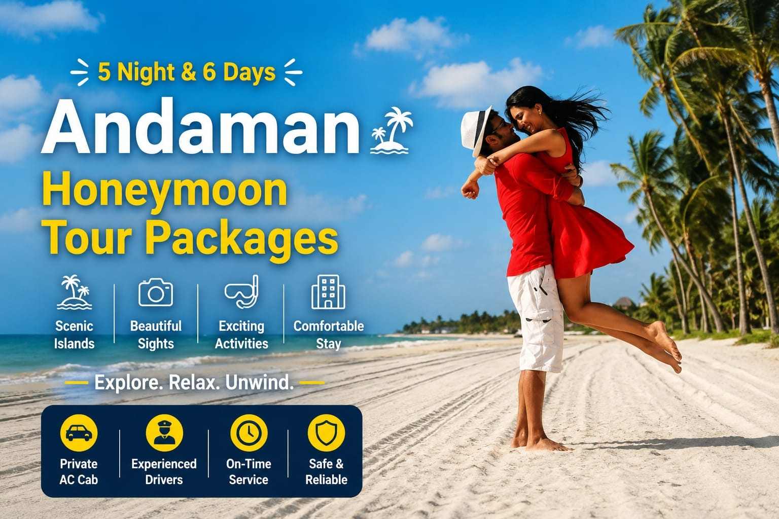 Couple enjoying beach in Andaman with palm trees and blue sky.